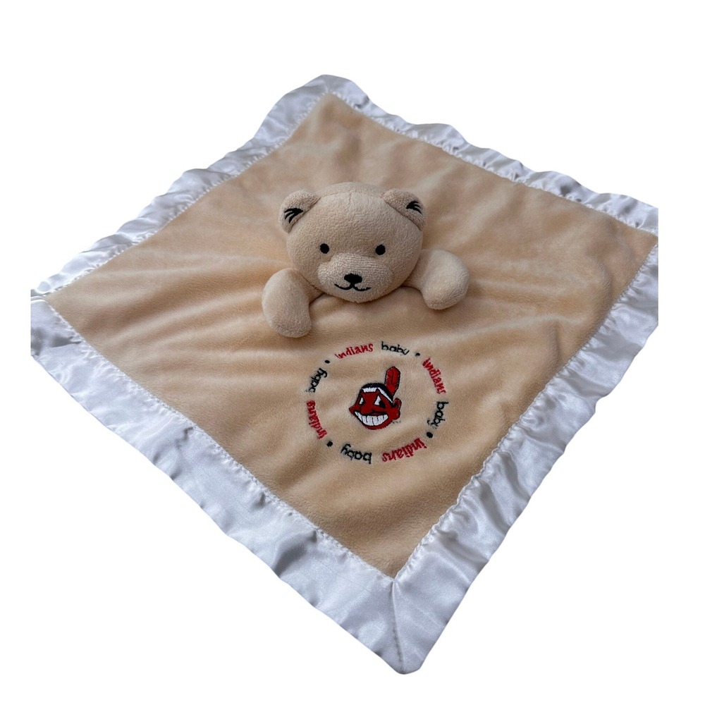 Baby Fanatic Cleveland Indians Plush Lovey Bear Security Blanket Tan White 13in